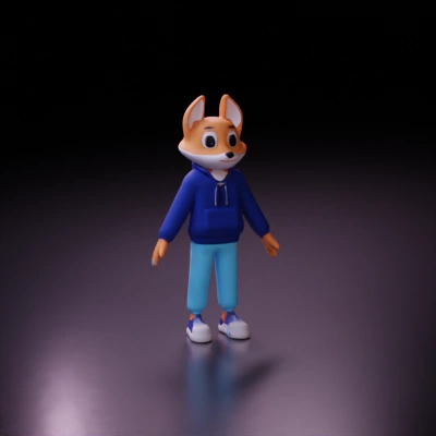 Anthropomorphic fox in casual clothes.