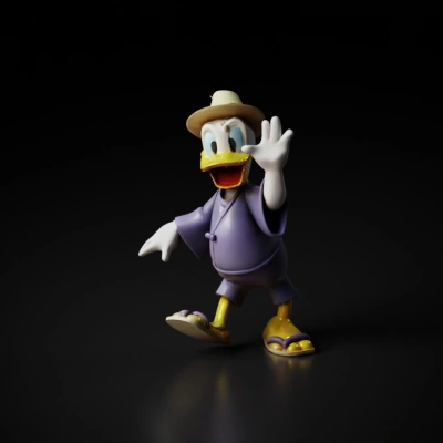 Donald Duck in yukata waving.