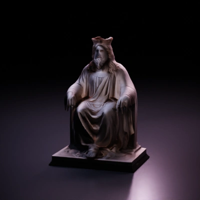 King seated on throne wearing crown and robes.