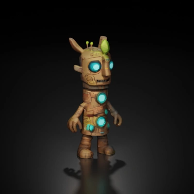 Tree-like robot, glowing blue circles, leaves on head.