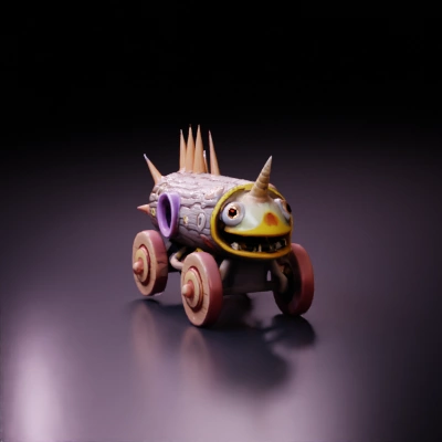 Whimsical wooden creature with pronounced spikes, wheels.
