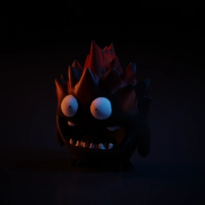 Cartoon monster with large eyes and teeth.