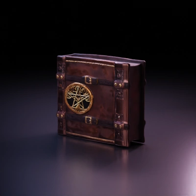 Ancient enchanted spellbook bound in ornate leather, pentagram symbol.