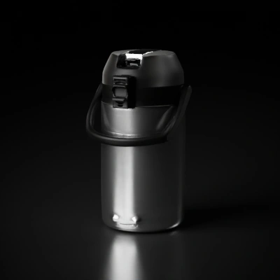 Stainless steel thermos flask with handle.