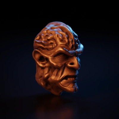 Grotesque stone-like face sculpture, horror style.