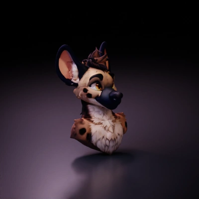 Creature with large ears, dark nose, and spotted fur.