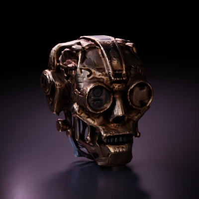 Steampunk mechanical skull with intricate details.