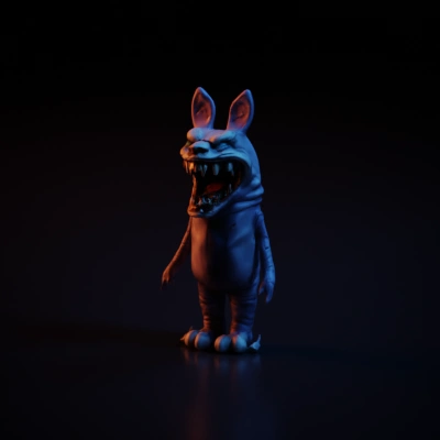 Monster bunny costume with exaggerated teeth, claws.