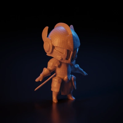 Chibi-style armored knight, detailed design. symmetric geometry. character. sharp edges. complex geometry.