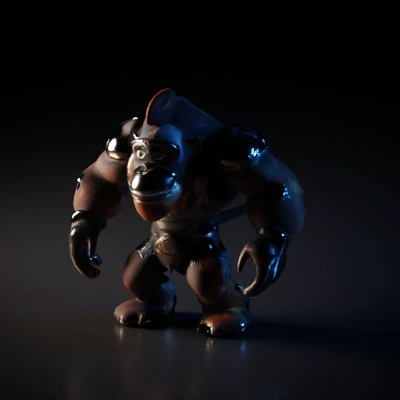 Mech-enhanced gorilla, bulky with metal armor, bipedal.