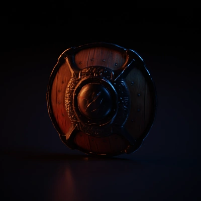 Medieval round shield with metal reinforcements.