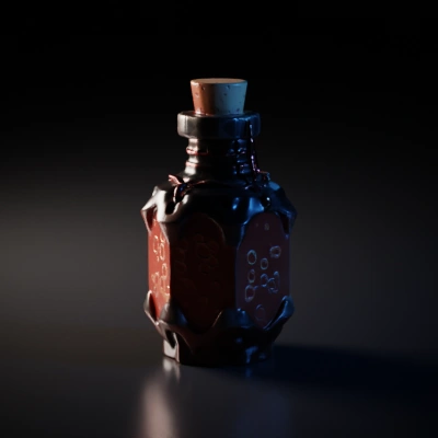 Potion bottle, geometric design, with cork stopper.  cork is made of typical cork texture, except stained black with ash and soot.  the rocky casing is the color of brimstone.  the glass part of the bottle is filled with a hot looking, glowing orange liquid, much like lava.  the chains that dangle down are a rusty iron.