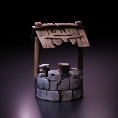 Stone well with wooden roof, medieval style.