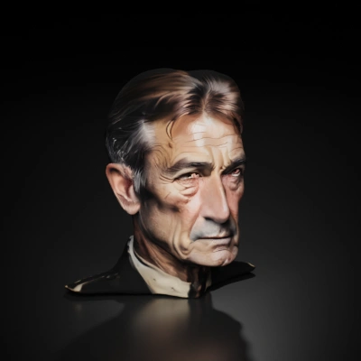 Elderly man with a stern expression, hyper-realistic render.