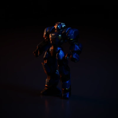 Giant battle-ready mech, robotic design, humanoid figure.