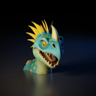 cartoonish blue dragon head with yellow spots.