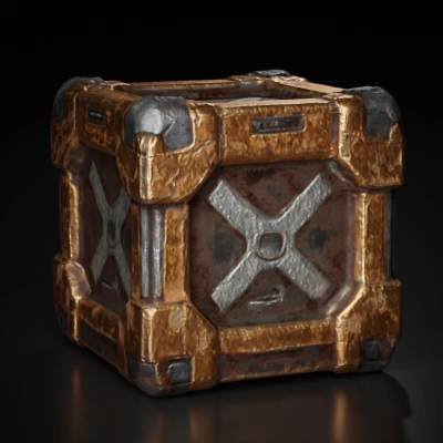 Industrial storage crate, metallic frame, reinforced corners.
