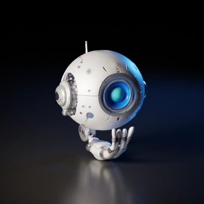 Small robot with one eye, floating, futuristic mechanical arm with 3 fingers.