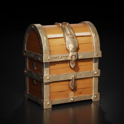 Wooden treasure chest with metal reinforcements.
