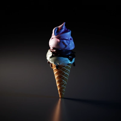 Ice cream cone with multiple scoops and waffle cone.