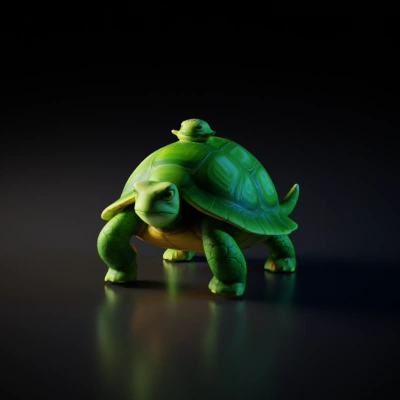 Turtle with a smaller turtle on its back, cartoonish.