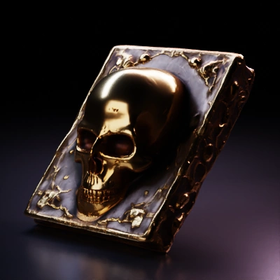 Ancient book with skull decoration, intricate reliefs.