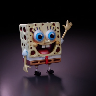 Human-like kitchen sponge, big eyes, wide mouth.