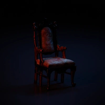Intricately carved wooden chair, padded seat, high back.