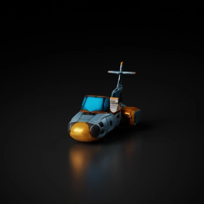 Futuristic spaceship, cartoon design, cockpit, and turbines.