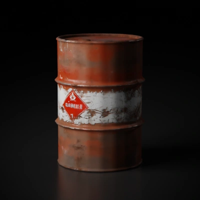 Rusty industrial barrel, hazardous material container.