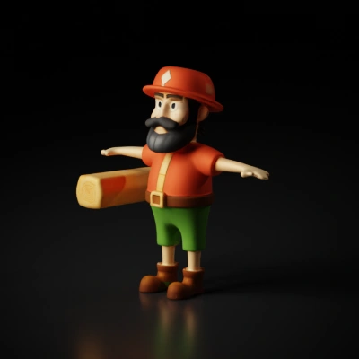 Cartoon lumberjack holding a log and an axe.