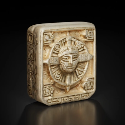 Ancient stone carving with a central face, intricate patterns, old and discolored