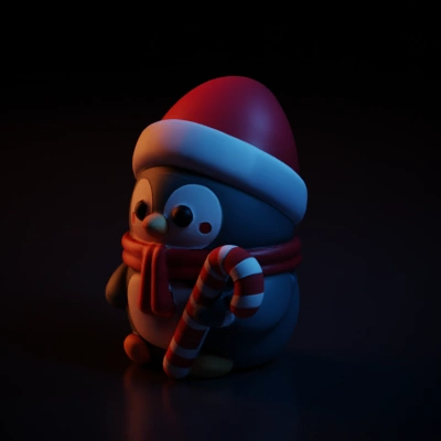 Cute penguin in Santa hat holding candy cane.