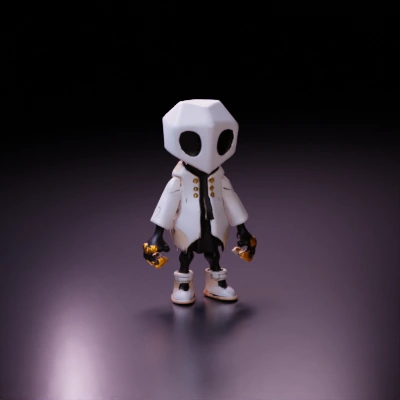 Low-poly humanoid robot in fashionable attire.