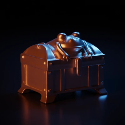 Treasure chest with frog ornament on the lid. Grey, no shading