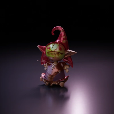 Patchwork goblin doll, creepy grin, wizard hat.