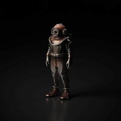 Old-style deep-sea diving suit, human figure.