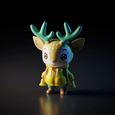 Cute cartoon deer wearing a yellow hoodie, smiling.