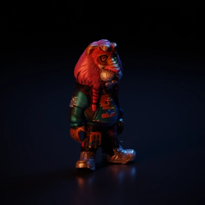 Lion-like anthropomorphic character, wearing urban clothing.