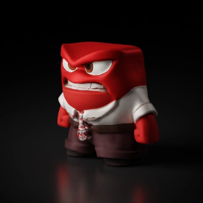 Angry cartoon character, short and square-shaped, wearing a suit.