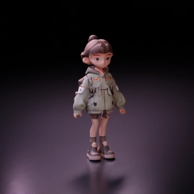 A little girl wearing green adventure clothes, brown Doc Martens boots, carrying a backpack, clear fingers，short hair, a child character with a pigtail, cartoon style.