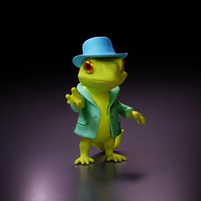 Anthropomorphic lizard wearing a hat and coat, cartoon-like.