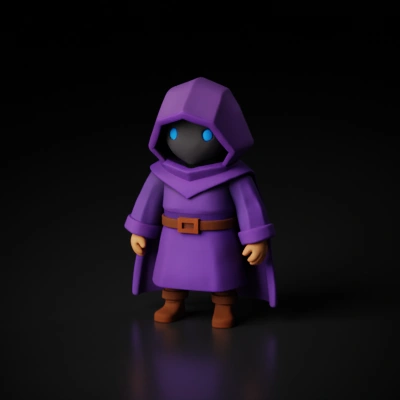 Hooded figure with blue eyes.