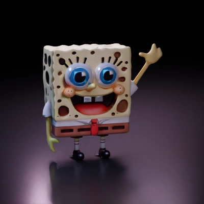 Sponge-like animated character with big eyes, smiling face.