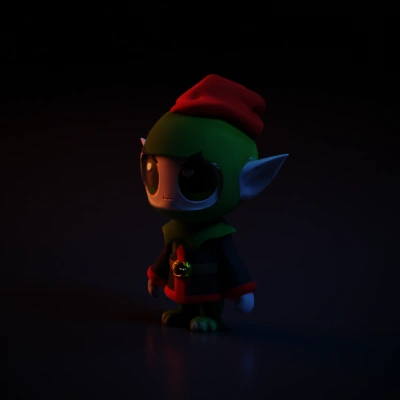 Cartoon elf in festive attire, large eyes.