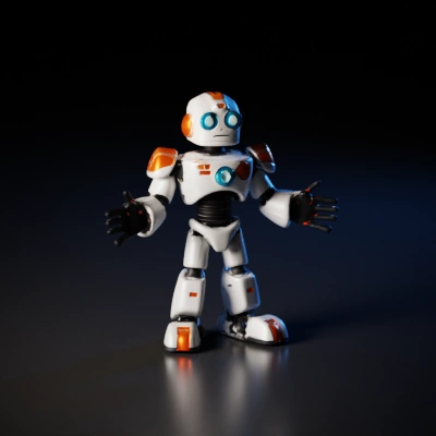 Cartoonish humanoid robot with screen eyes and expressive gestures.