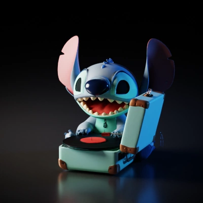 Blue cartoon creature playing record player.