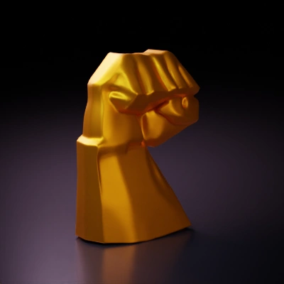 Golden clenched fist abstract, stylized. normal human hands，use one face in the same hue
