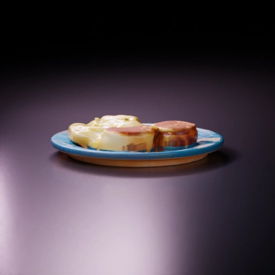 plate with mashed potatoes and dark brown meat cutlets in animal crossing style
