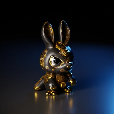Cartoon cool black rabbit 3D sticker design, golden eyes, anthropomorphic, no tail, symmetry, hero standing pose, intricate details, gorgeous,.